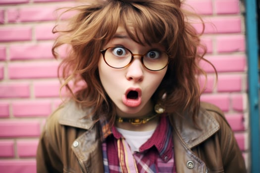 surprised woman with curly hair and glasses photo