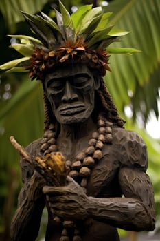 Carved wooden statue of a tribal figure with a headdress of leaves and flowers photo
