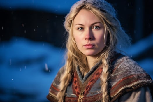 Pensive woman in winter clothing looking thoughtful photo