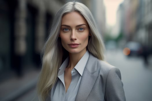 Confident businesswoman with blonde hair posing outdoors photo