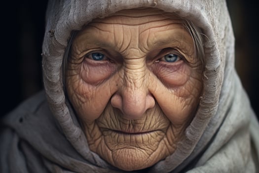 Weathered face of elderly person in hood photo
