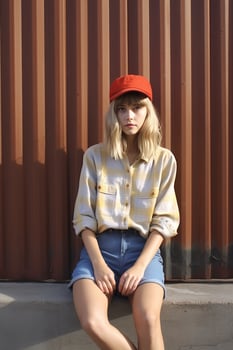 young woman in casual outfit posing against wooden wall photo