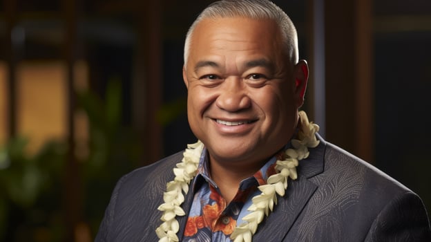 Smiling asian man in hawaiian shirt and lei photo