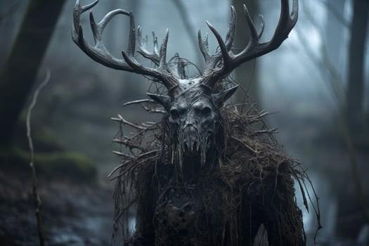 Creepy antlered creature in dark forest photo