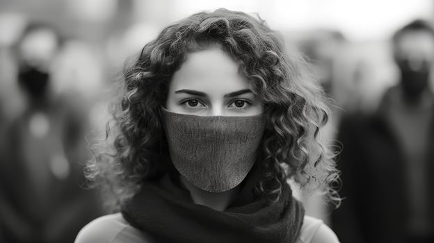 Mysterious woman with curly hair and face mask photo