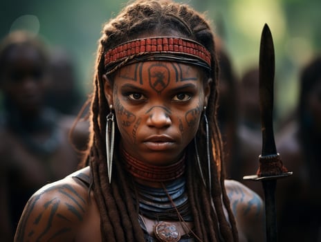 Tribal warrior with face paint and dreadlocks photo