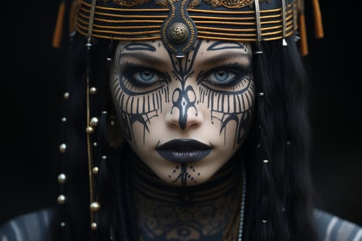 Dramatic face paint and headdress photo
