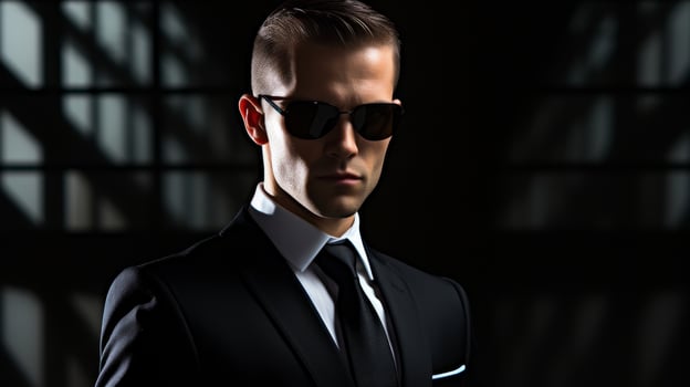 Mysterious businessman in dark suit and sunglasses photo