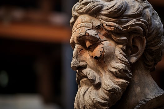 Weathered stone face sculpture with intricate details photo