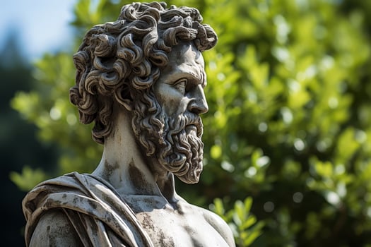 Ornate stone statue of a man with curly hair in a garden photo
