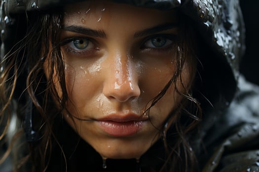 Intense gaze of a person in the rain photo