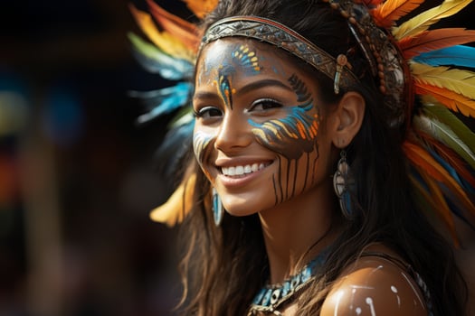 Smiling indigenous woman with colorful face paint and feathers photo