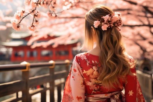 woman in kimono with cherry blossoms photo