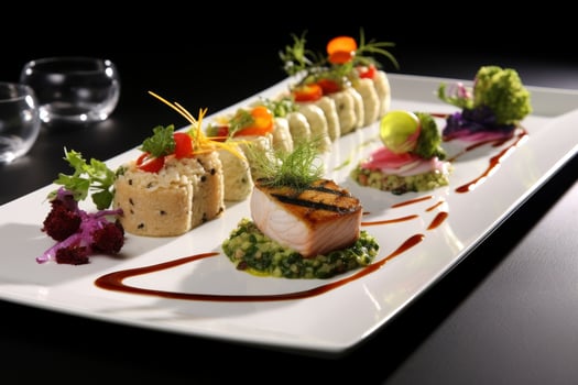 Gourmet seafood dish with grilled salmon and vegetable medley photo