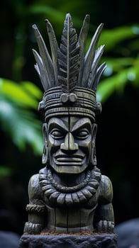 Detailed carved wooden totem pole with tribal patterns and fierce expression photo