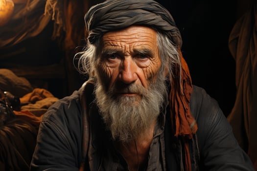 Weathered face of an elderly man with a long beard and turban photo