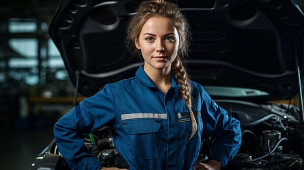 confident female mechanic posing in auto repair shop photo