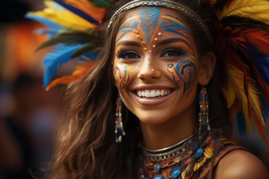 Smiling woman with colorful face paint and feathers photo