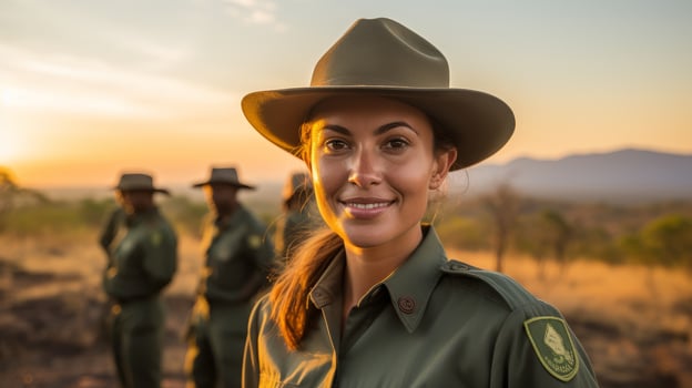 female park ranger smiling at sunset photo