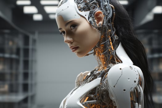 Futuristic android woman with mechanical face photo