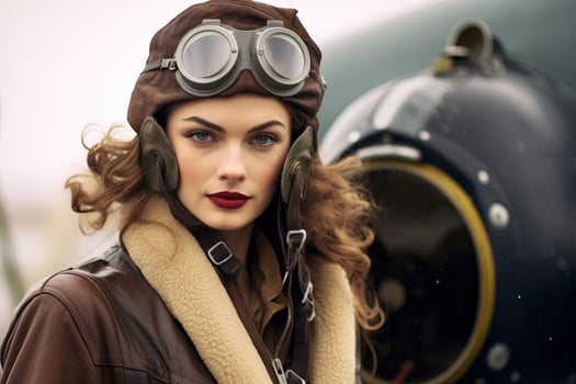 Vintage aviator woman with goggles and leather jacket photo