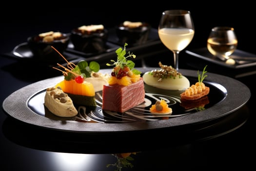 Gourmet appetizer platter with wine photo