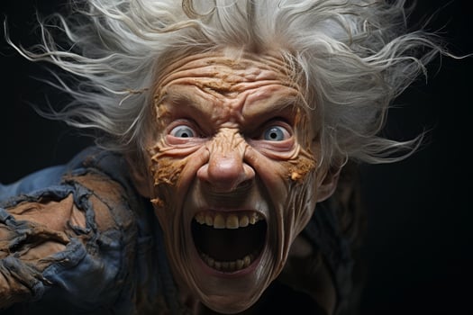 Frightening fantasy creature with wild hair and open mouth photo