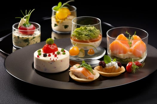 Gourmet appetizers and desserts on a black plate photo