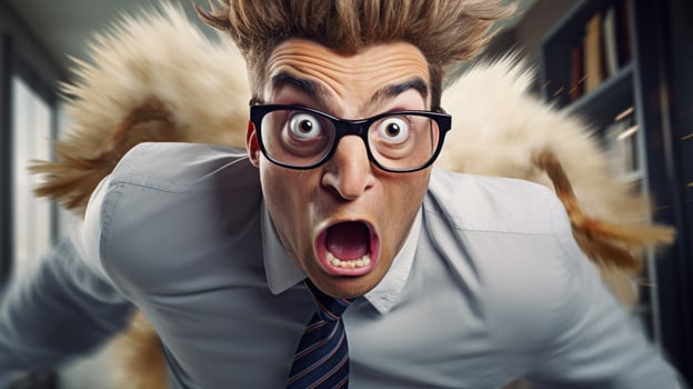 Surprised businessman with wild hair and glasses photo