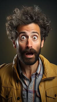 Surprised man with curly hair and beard photo