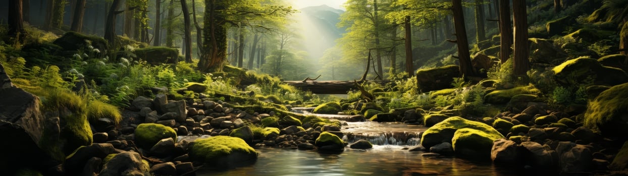 Lush green forest stream with moss covered rocks photo