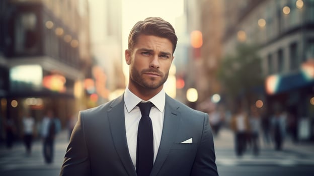 Confident businessman walking in city street photo
