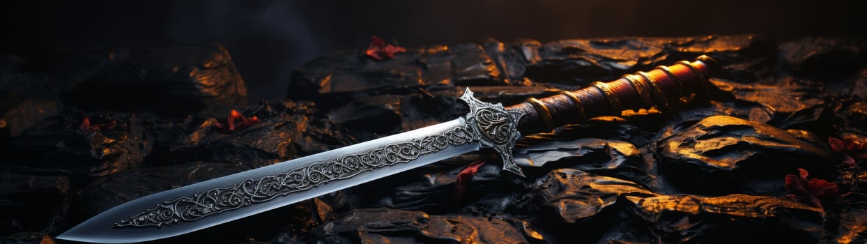 ornate medieval sword on dark rocky surface photo