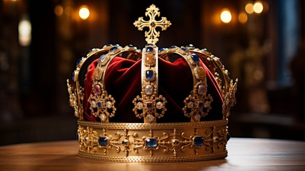 Ornate golden crown with red velvet and jewels photo