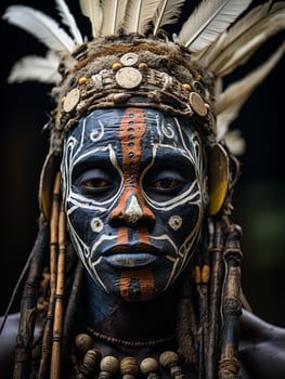 Tribal warrior with intricate face paint and headdress photo