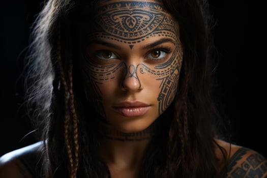 Mysterious woman with tribal face tattoos photo