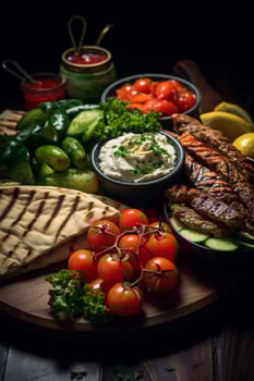 Delicious Mediterranean style meal with grilled meat, vegetables, and dips photo