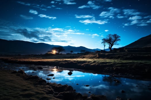 Serene night landscape with starry sky, mountains, and a lone tree photo