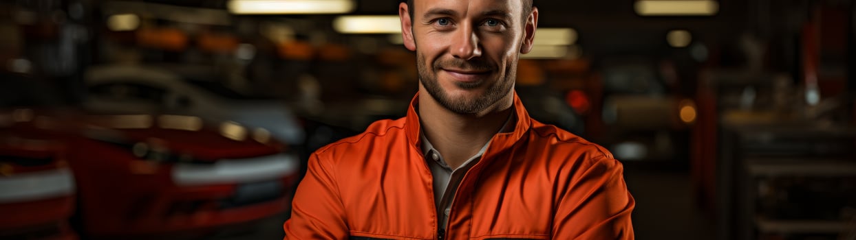 Smiling mechanic in orange uniform photo