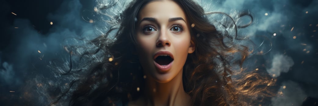 Surprised woman with windblown hair photo