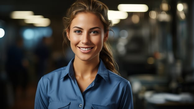 Smiling woman in blue shirt photo