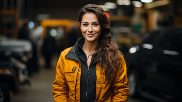 Smiling woman in yellow jacket photo