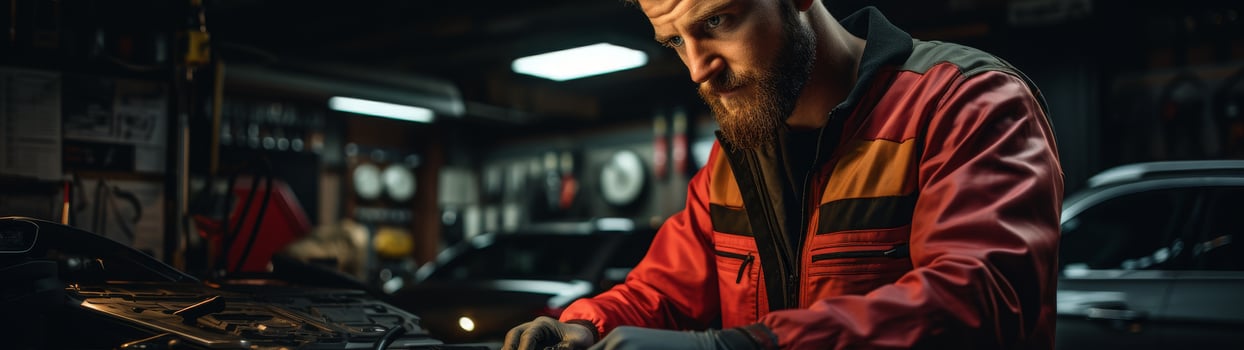 Bearded mechanic working on car engine in auto repair shop photo