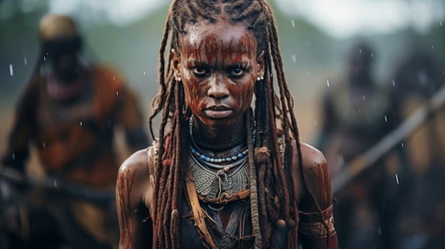 Tribal warrior with face paint and dreadlocks in the rain photo