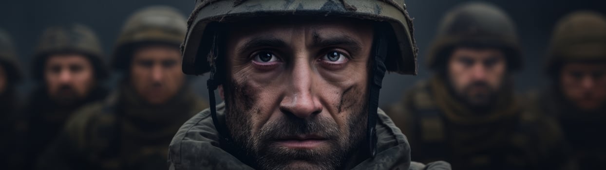 Intense gaze of a soldier in combat gear photo