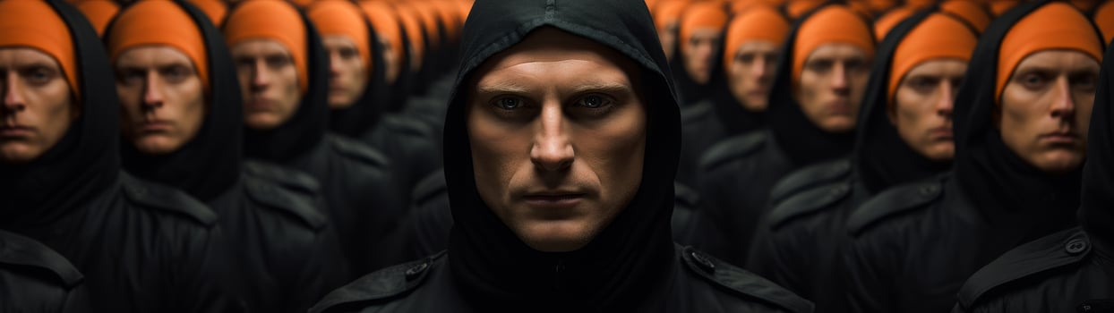 Hooded figures in dark uniforms photo