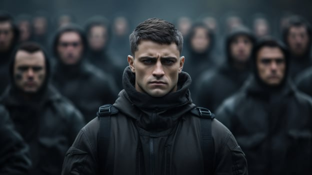 Serious young man in black coat standing in front of crowd photo