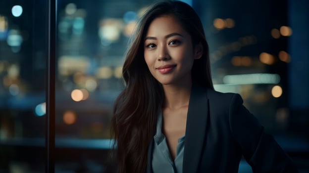 Confident young asian businesswoman looking out window at night photo
