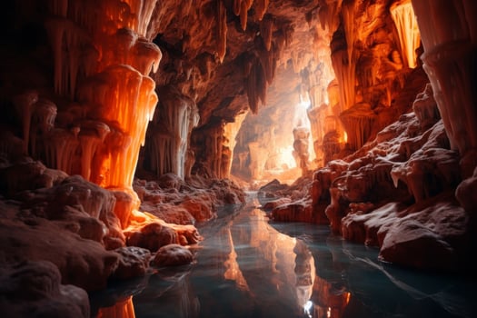 Dramatic underground cave with glowing orange stalactites and a serene pool of water photo