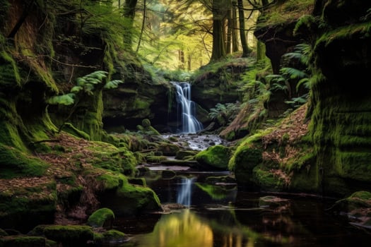 Lush green forest with cascading waterfall photo